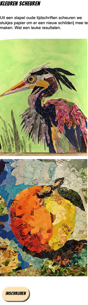 kleuren scheuren Uit een stapel oude tijdschriften scheuren we stukjes papier om er een nieuw schilderij mee te maken. Wat een leuke resultaten. ﷯ ﷯ ﷯